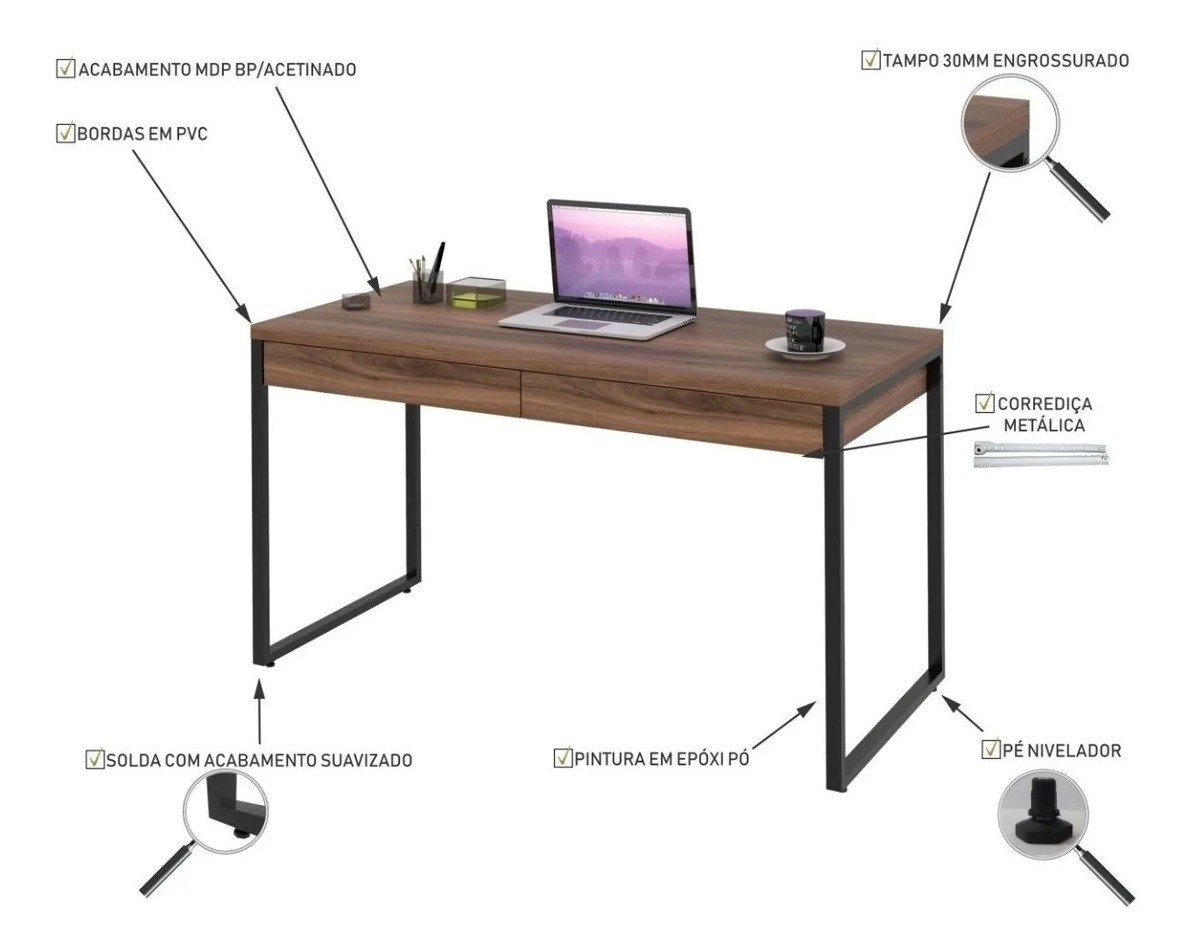 Mesa Escritório Office Estilo Industrial 1,10 M C/ 2 Gavetas - 5