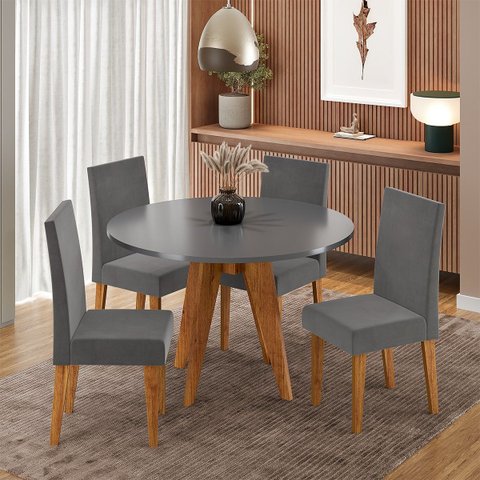 Conjunto Sala de Jantar 4 Lugares Redondo Tampo de MDF Lorrana Cobre/Cinza - Casa Giulia