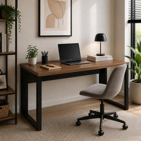Escrivaninha Industrial 190cm MDP Nogal com Preto F5 Office