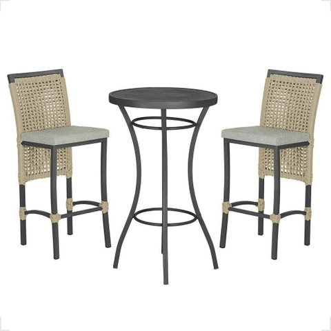 Mesa Bistrô com 2 Banquetas Roma Preta Corda Náutica 3 Trama Rami