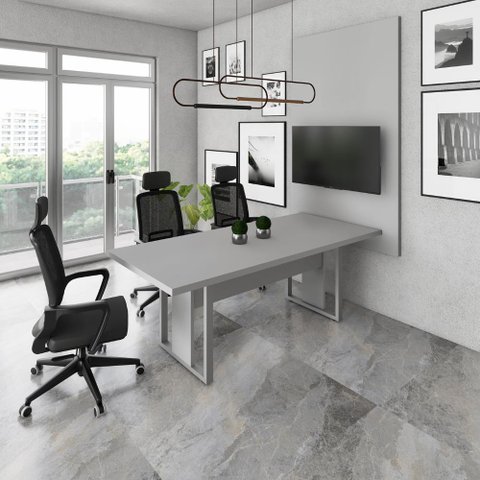 Mesa de Reunião Industrial 2,0m e Painel de Tv Escritório F5 Cor:cinza