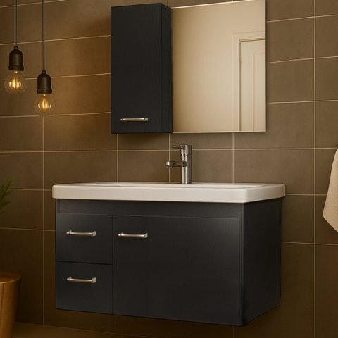 Kit Gabinete Armario para Banheiro com Cuba e Espelho 73cm Quality Fimap Montado Grafite