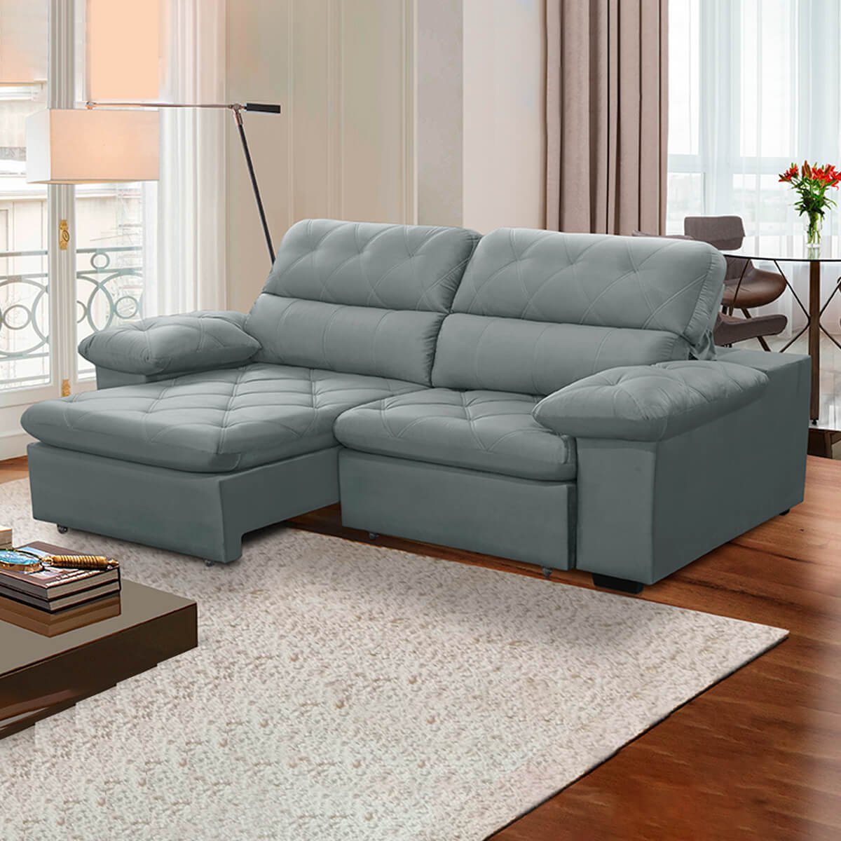 Sofa Retratil Reclinavel 2 Lugares 1,80m Crystal Veludo Cinza Lansofbr Lansof Brasil