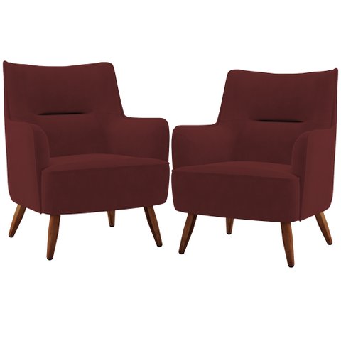 Kit 02 Poltronas Decorativa Fixa Pés de Madeira Isabella D02 Veludo Marsala C-278 - Lyam Decor