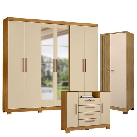 Guarda Roupa Casal San Diego com Espelho com Cômoda Madri e Armário Multiuso Versatile Carvalho