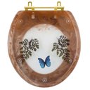 Ver imagem 1 de Assento Sanitário Poliester Oval Caramelo Decorado Borboleta Azul com Ferragem Dourada