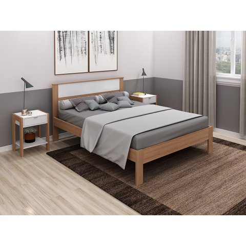 Cama de Casal com Cabeceira Espaçosa e suporte de até 260 Kg: Amêndoa com Branco