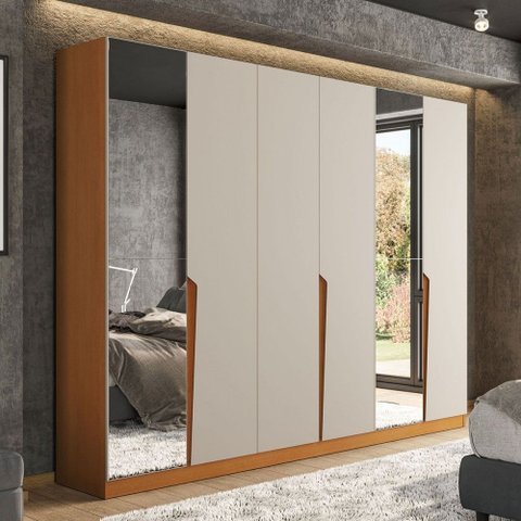Guarda-roupa Casal Porto 6 Portas 4 Gavetas com Espelho Freijó/creme - Politorno