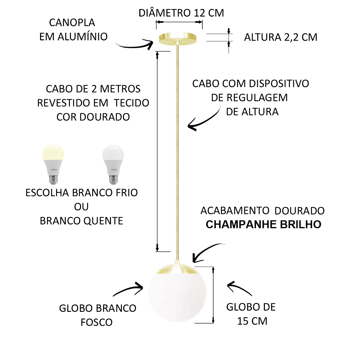 LUSTRE PENDENTE GLOBO JABUTICABA DOURADO CHAMPANHE B STUTT - 2