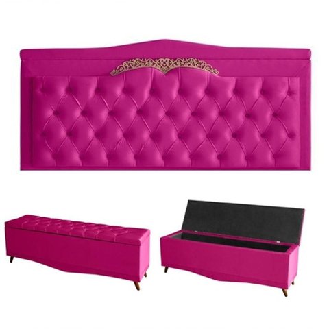 Kit Barcelona Cabeceira de Cama Painel e Calçadeira Baú King 195 Cm Suede Rosa Pink do Lar Móveis
