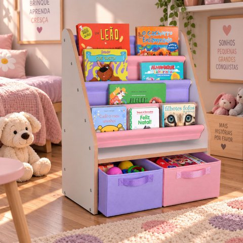 Porta Livros Infantil com 2 Gavetas Organizadoras Rosa