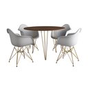 Ver imagem 2 de Mesa Jantar Redonda 110cm Amêndoa Clips 3 Pés com 4 Poltronas Brancas Eames Eiffel Base Dourada