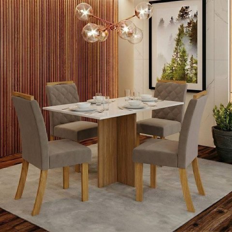 Conjunto Sala de Jantar Layla Max 4 Lugares Tampo MDF Cadeiras Suede Amêndoa 120cm Casa 812