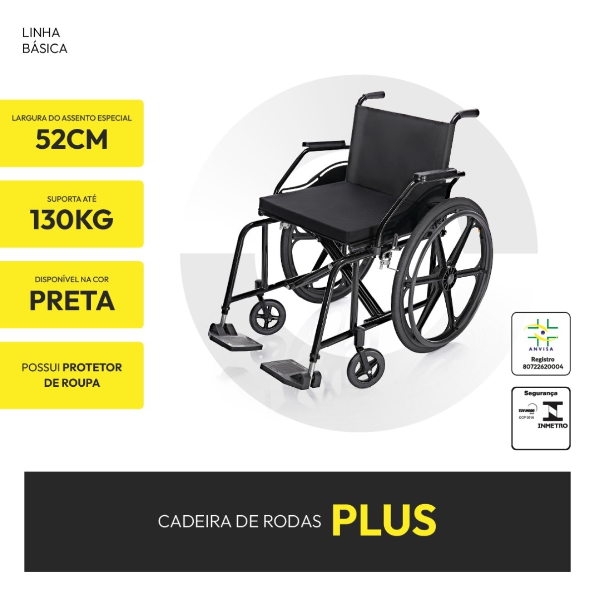 Cadeira de Rodas Plus Pneu Macico 52cm 130kg Dobrável Preta - 4