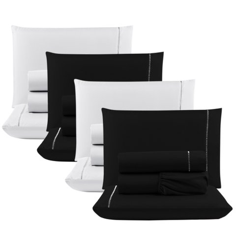 Kit c/ 4 Jogos Cama Lençol Unique Casal Padrão Micro Percal 400 Fios Ponto Palito 4 Peças - Preto + 