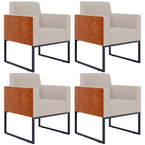 Kit 4 Poltronas Decorativas Sala Base Fixa Metal Helô L02 Linho Bege Couríssimo Camel - Lyam