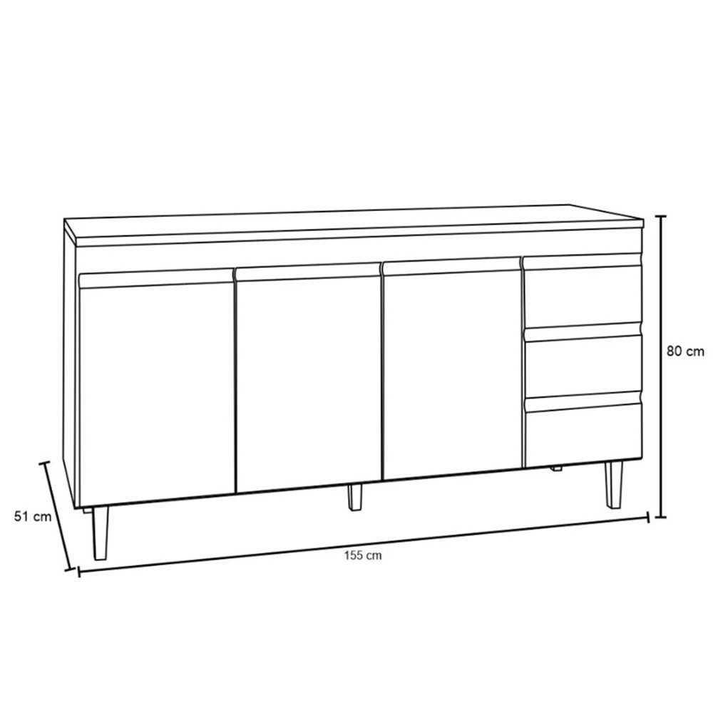 Balcão Gabinete de Cozinha 1.60m S/ Tampo Emma 3 Gavetas 3 Portas Branco - 3