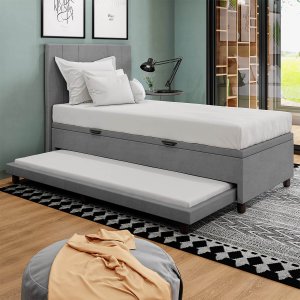Base Cama Box Baú Solteirão com Cama Auxiliar Veludo Cinza Skybox