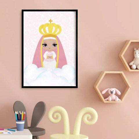 Quadro Nossa Senhora Aparecida Baby Rosa 24x18cm - com vidro:Madeira preta