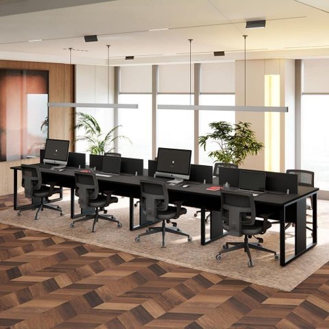 Estação de Trabalho Retangular F5 Office Moderno MDP 480cm Preto F5