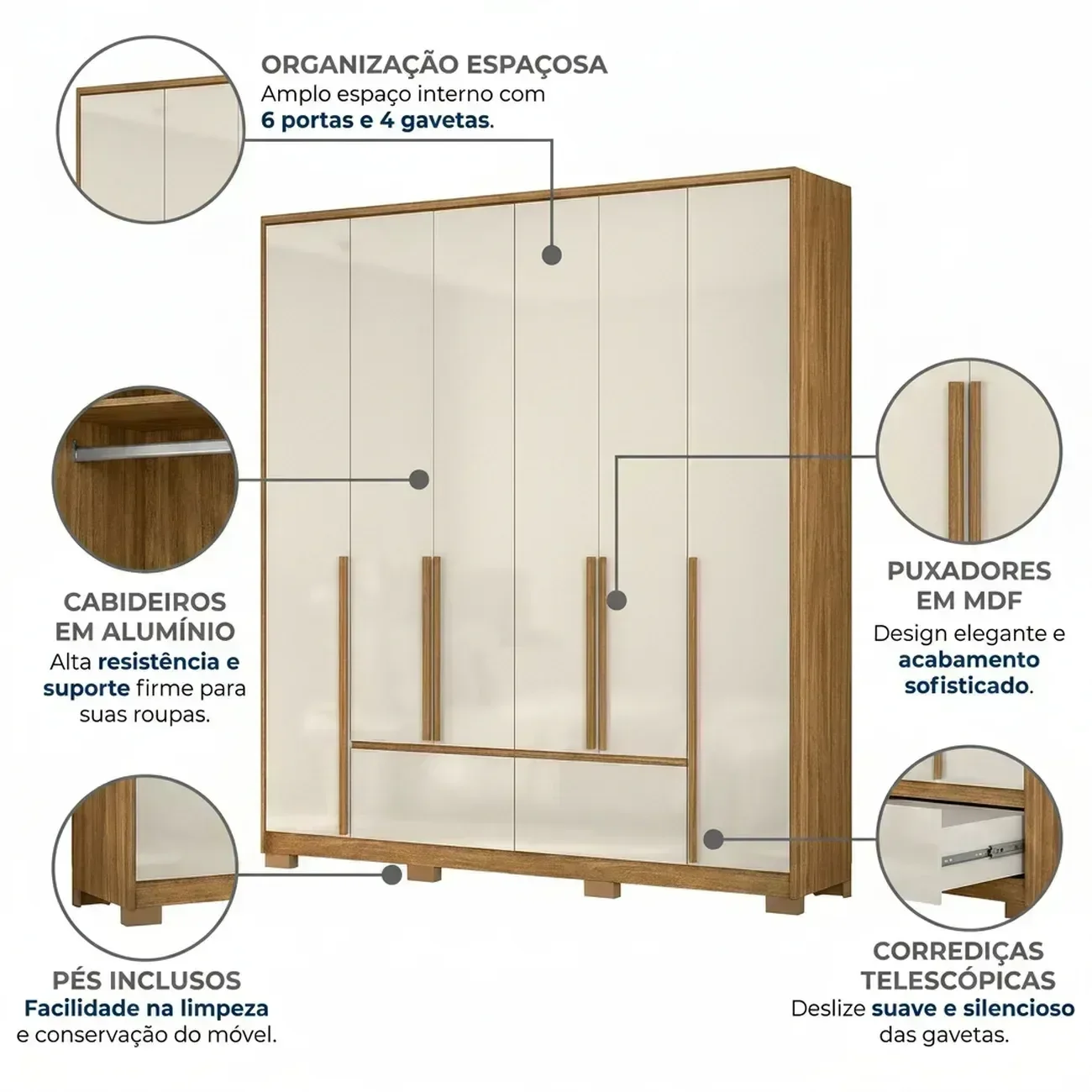 Ver imagem 4 de Guarda-Roupa Casal 6 Portas 4 Gavetas com Pés Denver Freijo e Off White