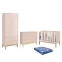 Ver imagem 1 de Dormitório Infantil Classic 2 Portas, Cômoda 6 Gavetas, Berço Rosa Fosco com Pés Madeira Natural e C