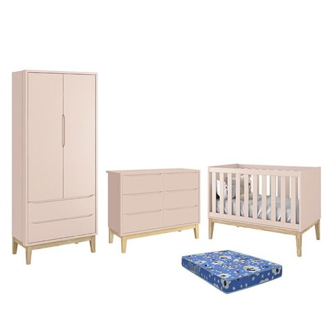 Dormitório Infantil Classic 2 Portas, Cômoda 6 Gavetas, Berço Rosa Fosco com Pés Madeira Natural e C