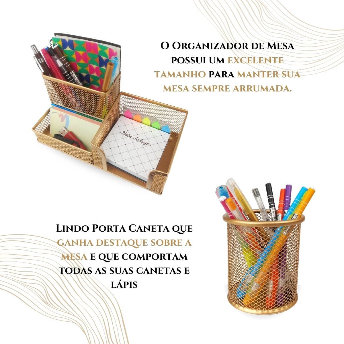 Porta Caneta Treco Lápis Post It Multiuso Home Office Luxo - Kit 3 Dourado - 2