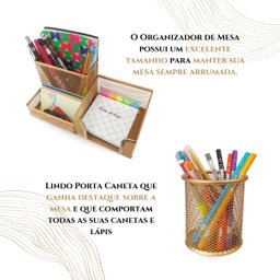 Porta Caneta Treco Lápis Post It Multiuso Home Office Luxo - Kit 3 Dourado - 2