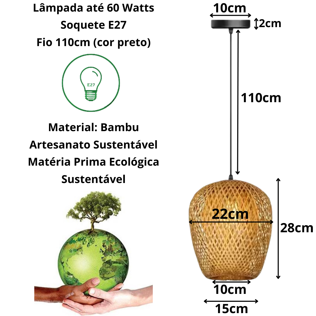 Ver imagem 6 de Luminária Lustre 28cm Pendente Teto Bambu Kjdd-e-640-b1