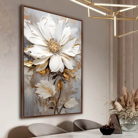 Quadro Moderno Floral Pétalas Abstrata Branco e Dourado