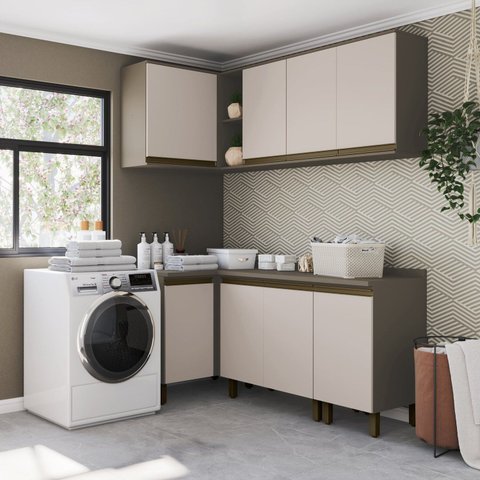 Conjunto Lavanderia Modulada 5 Peças com Tampo Aurora Espresso Móveis Bege/Duna/Cristal