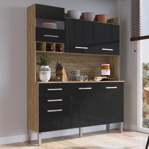 Armário de Cozinha 6 Portas e 2 Gavetas Preto/Wood