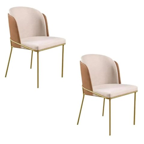 Kit 02 Cadeira Sala de Jantar Estofada Base Metal Dourada Linho Bege
