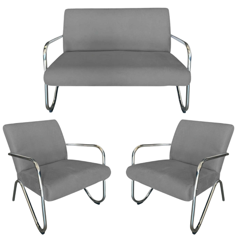 Kit Namoradeira + 2 Poltronas Decorativa Bela Suede Cinza Braço Cromado