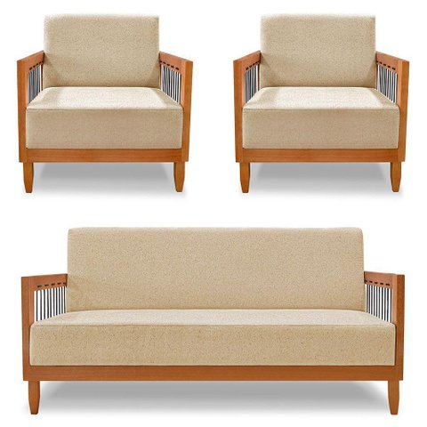 Kit 2 Poltronas e Sofá Living 2 Lugares Marilia 1,60m Linho Dourado Base em Madeira Castanho -