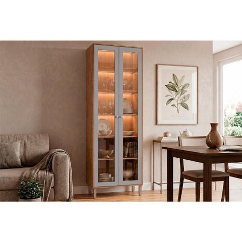 Cristaleira Brilhante LED Reflecta 2 Portas 5 Prateleiras MDF com Iluminação Cinamomo e Platina