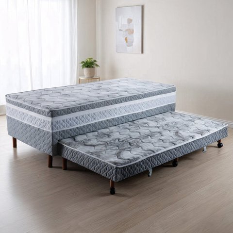 Cama Box Conjugada com Cama Auxiliar Solteiro Pés em Madeira Maciça Maximus Cinza/Rústico Chumbo