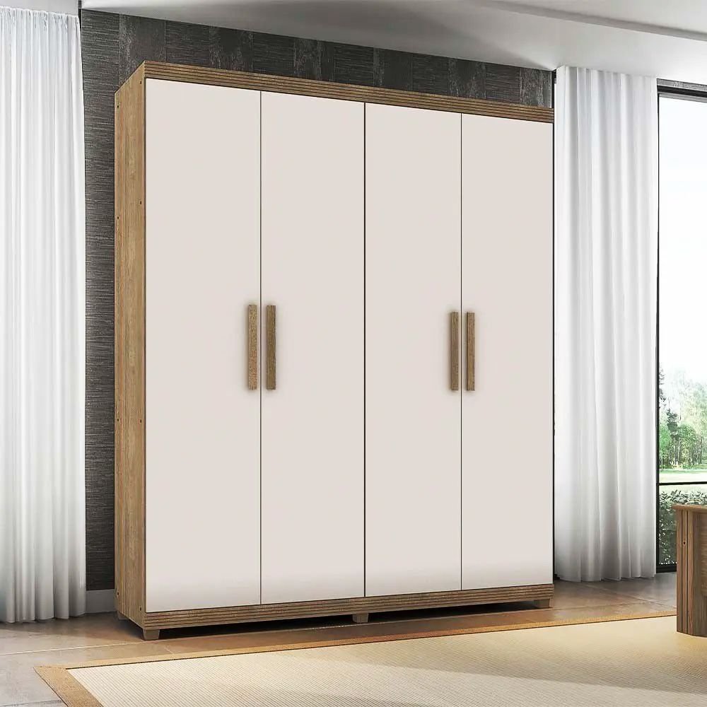Roupeiro Lanza Munique 4 Portas 3 Gavetas com Pés - Noce Bronze/off White - Prontas Entrega
