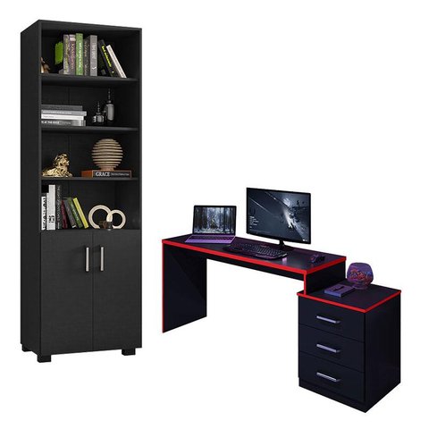 Mesa para Computador Gamer Drx 5000 e Livreiro Office com Portas Pequenas Preto Trama Vermelho - Móv