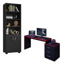 Ver imagem 1 de Mesa para Computador Gamer Drx 5000 e Livreiro Office com Portas Pequenas Preto Trama Vermelho - Móv