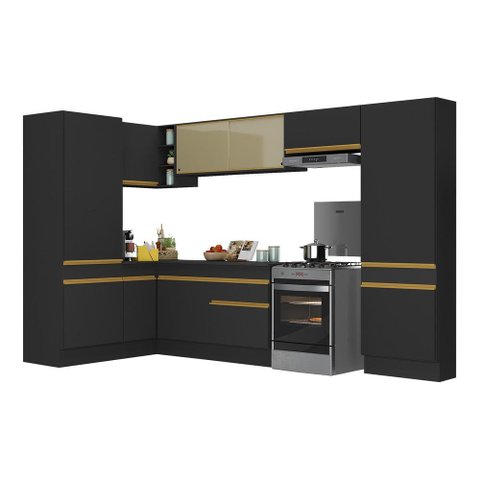 Armário de Cozinha Completa de Canto com Rodapé Veneza Multimóveis V2090 Preto/Dourado