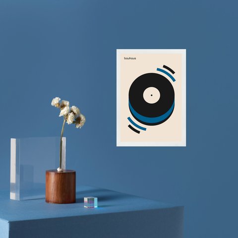 Quadro Decorativo Música Disco Azul - Bauhaus 24x18cm - com Vidro:moldura Preta