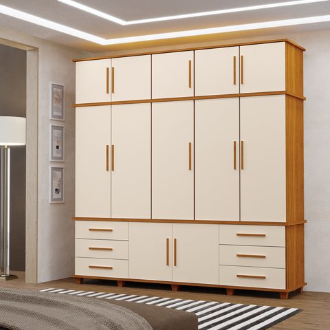 Guarda Roupas Londres 100% Mdf C/ 12 Portas 6 Gavetas Pés Madeira - Luapa - Freijó/off White