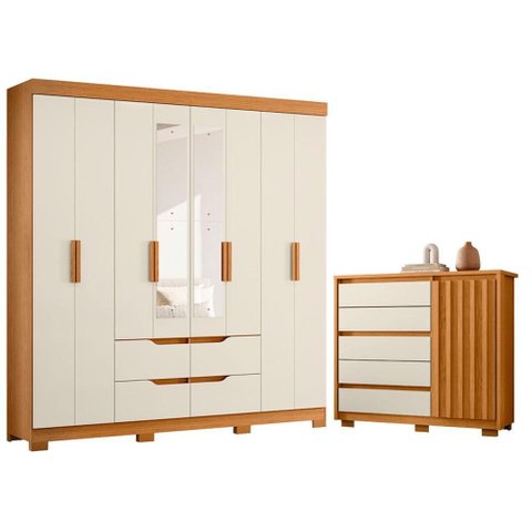 Guarda Roupa Casal Doble 08 Portas com Espelho e Cômoda Sapateira Duetto Cinamomo Off White - Mó