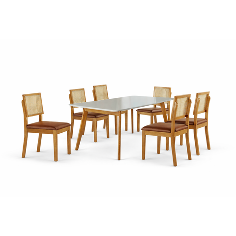 Conjunto Sala de Jantar 6 Lugares Egito Mesa e Cadeiras Madeira Maciça Rattan e Courino Caramelo