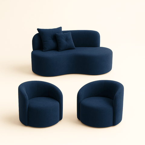 Conjunto Decorativo 02 Poltronas + Sofá Curvo Orgânico Nature Gaia Suede Azul Marinho - Montanaris D