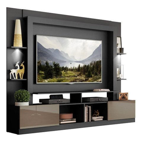 Estante Com Suporte Tv 65" E Leds Berlim Multimóveis V3384 Preta/Lacca Fumê Preto/Lacca Fumê