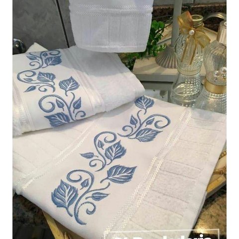 Jogo Toalhas Bordadas Banho e Rosto. Estampa: Folhas Dohler Artesanalle Azul
