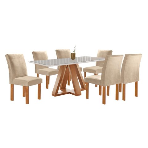 Mesa Kyra 170CMX90CM 6 Cadeiras Canela Tampo Smart Plus Vidro Off White